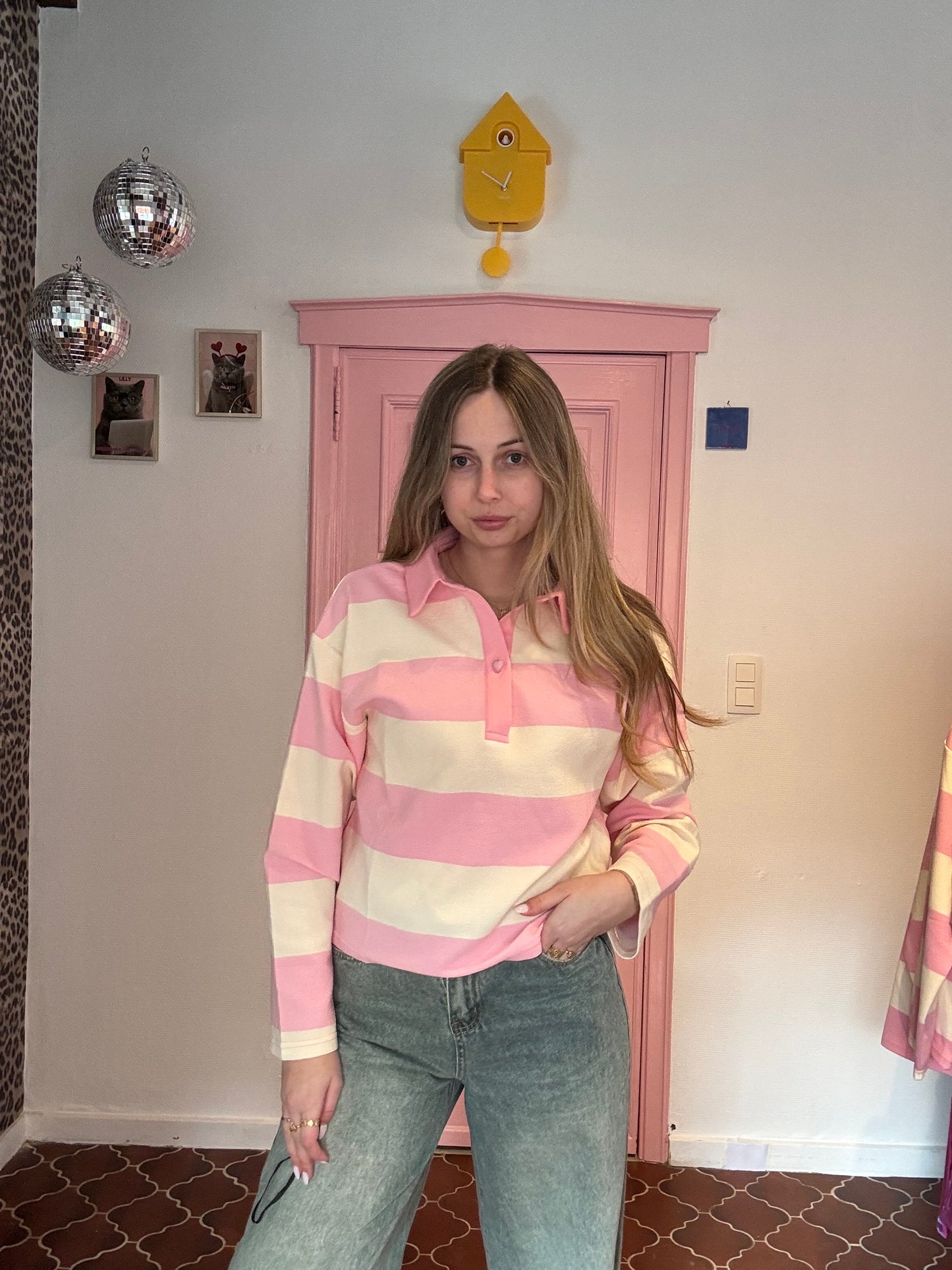 Fluresk roze-wit gestreepte longsleeve