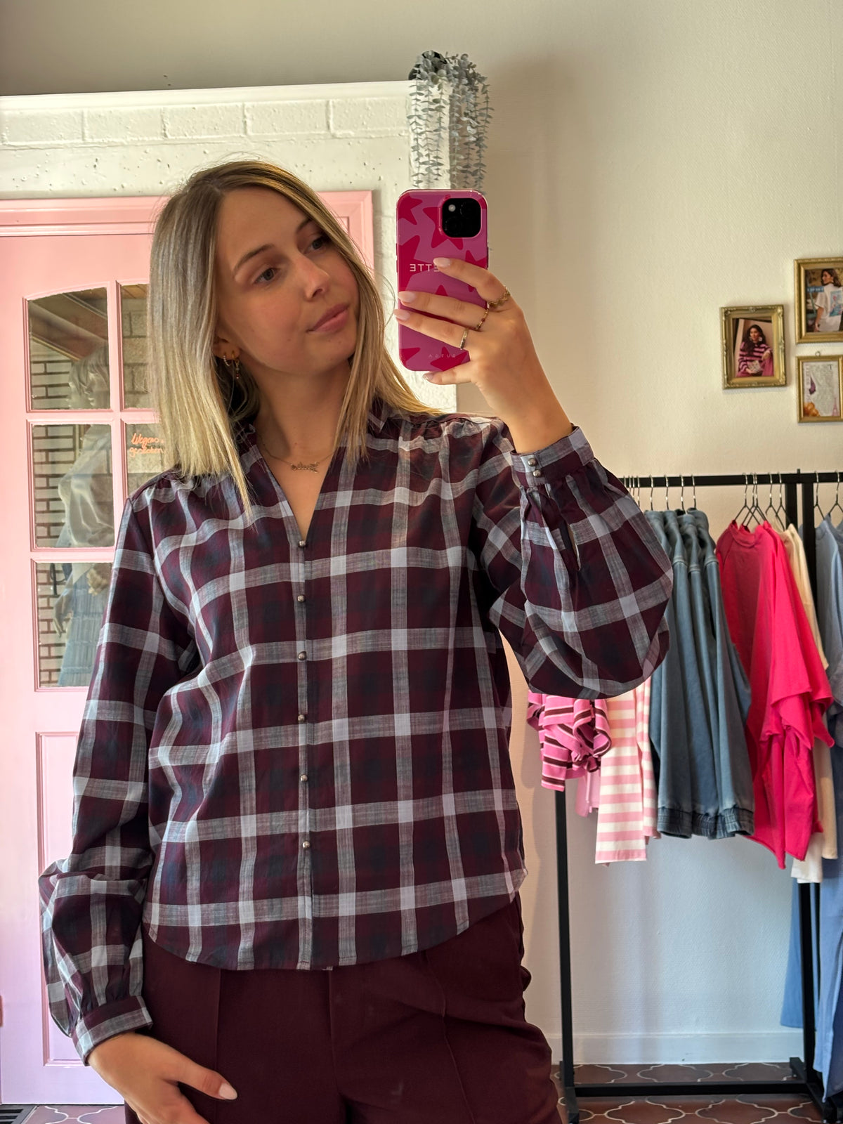 B.young - Geruite Blouse Bordeaux