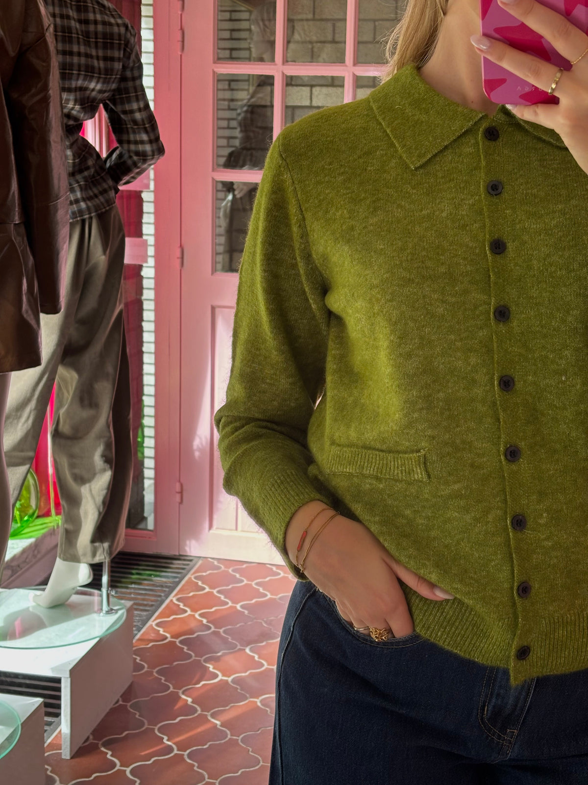 ICHI - Groene Cardigan met Kraag