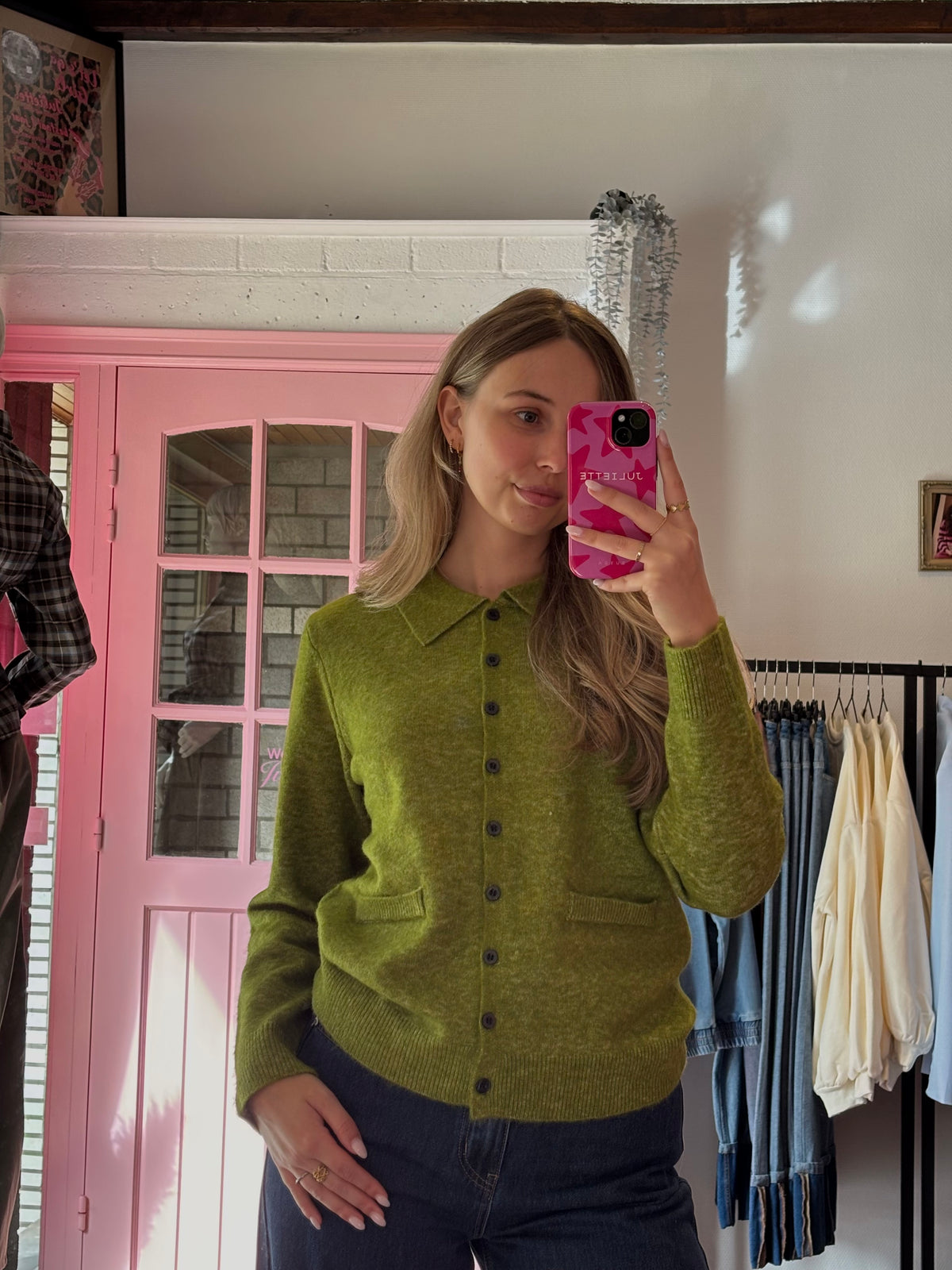 ICHI - Groene Cardigan met Kraag