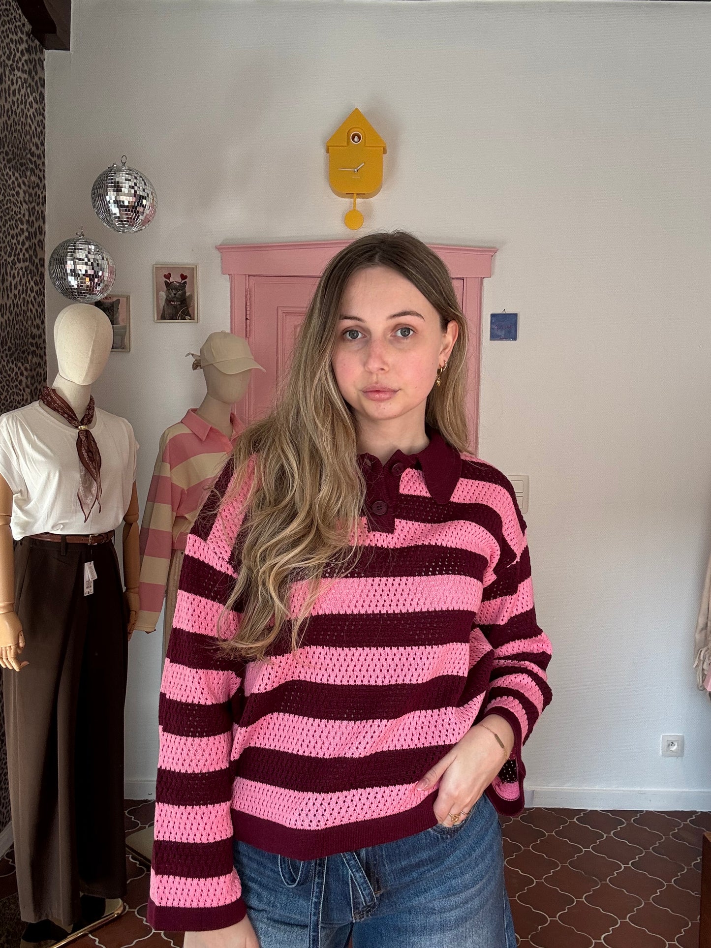 Ydence - Gestreepte Trui Roze Bordeaux