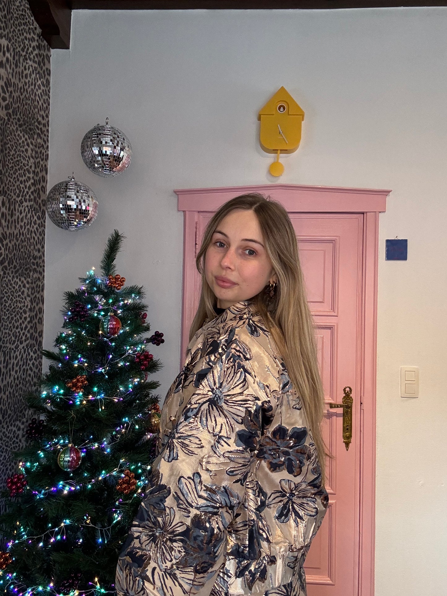 Fluresk - Goudblauw jacquard bomberjack met bloemenmotief